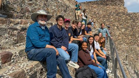 Professor Bill Fash, lecturer Jennifer Carballo, graduate student Luke Hollis and first-year students at the Pyramid of the Sun in Teotihuacan, Mexico.