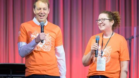 David Deming, Danoff Dean of Harvard College, and Fionna Coffey, Director of Office for the Arts, present during an ArtsFest 2026 show