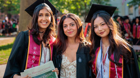 Rysa Tahilramani, Fariel Terras, and Mina Chae at the 375th Harvard University Commencement Exercises at Tercentenary Theatre.