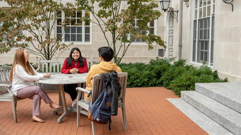 Students meet with their advisor on a patio.