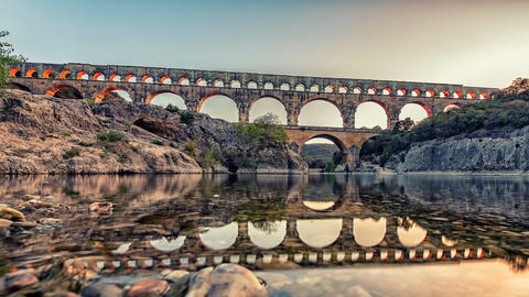 Pont du Gard, an ancient Roman aqueduct bridge.