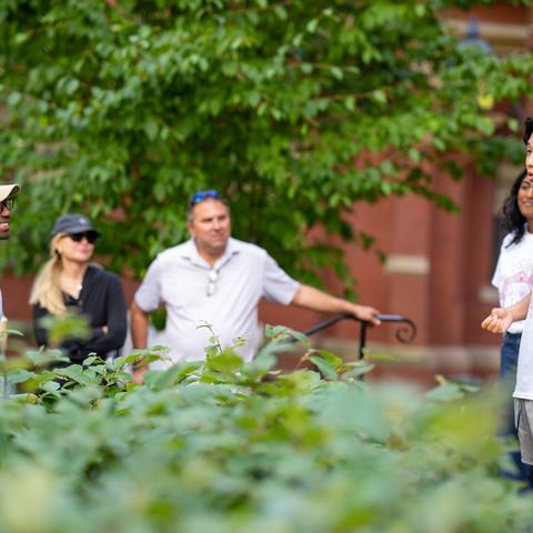 Student sharing information about dorms with parents during first-year move-in outside of Massachusetts Hall.