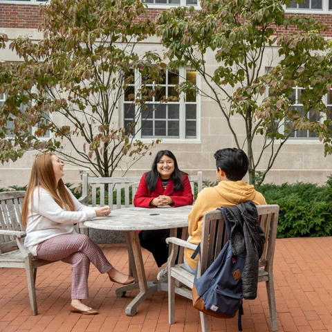 Students meet with their academic advisor in a courtyard