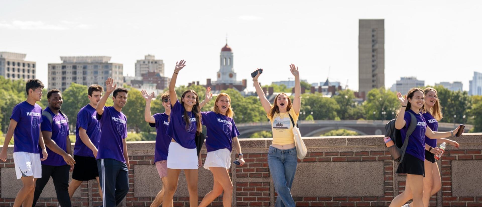 Students crossing the bridge over to Allston during the orientation Crimson Kick-Off.