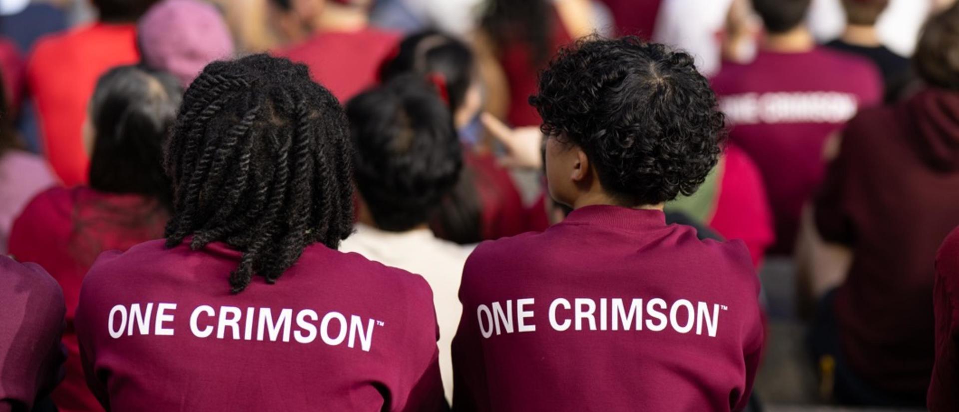 Two students in the stands during a Harvard football game with their "One Crimson" athletics sweatshirts.